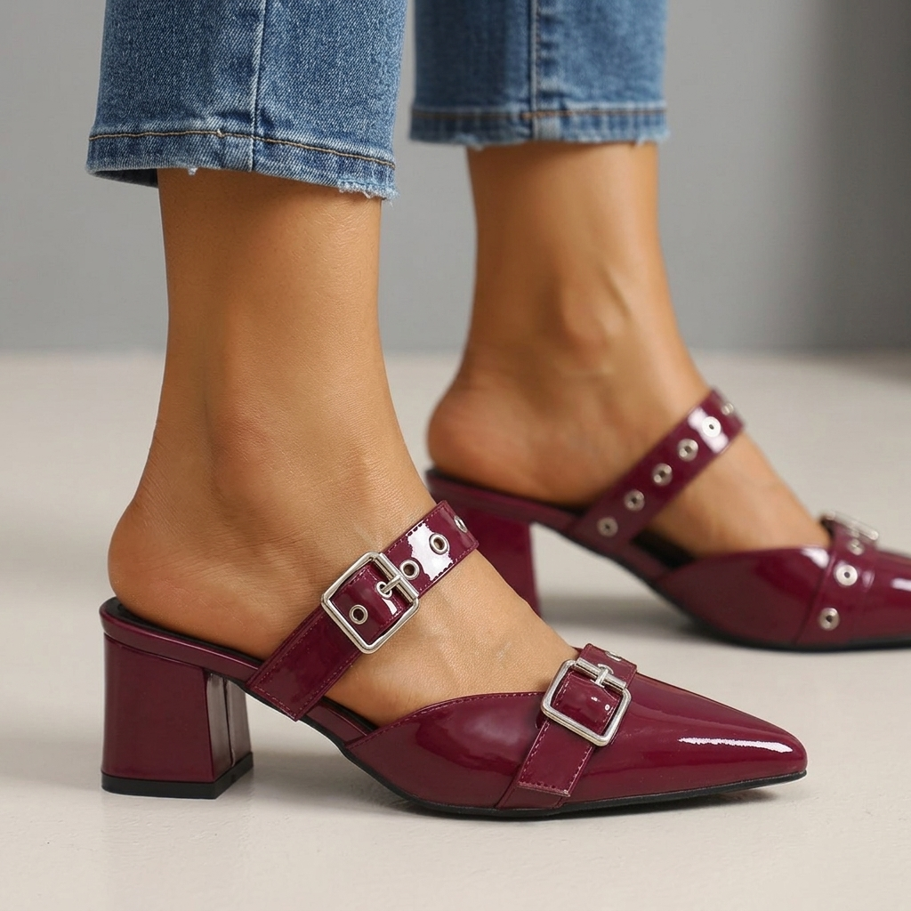 Valentina Double-Buckle Block Heels