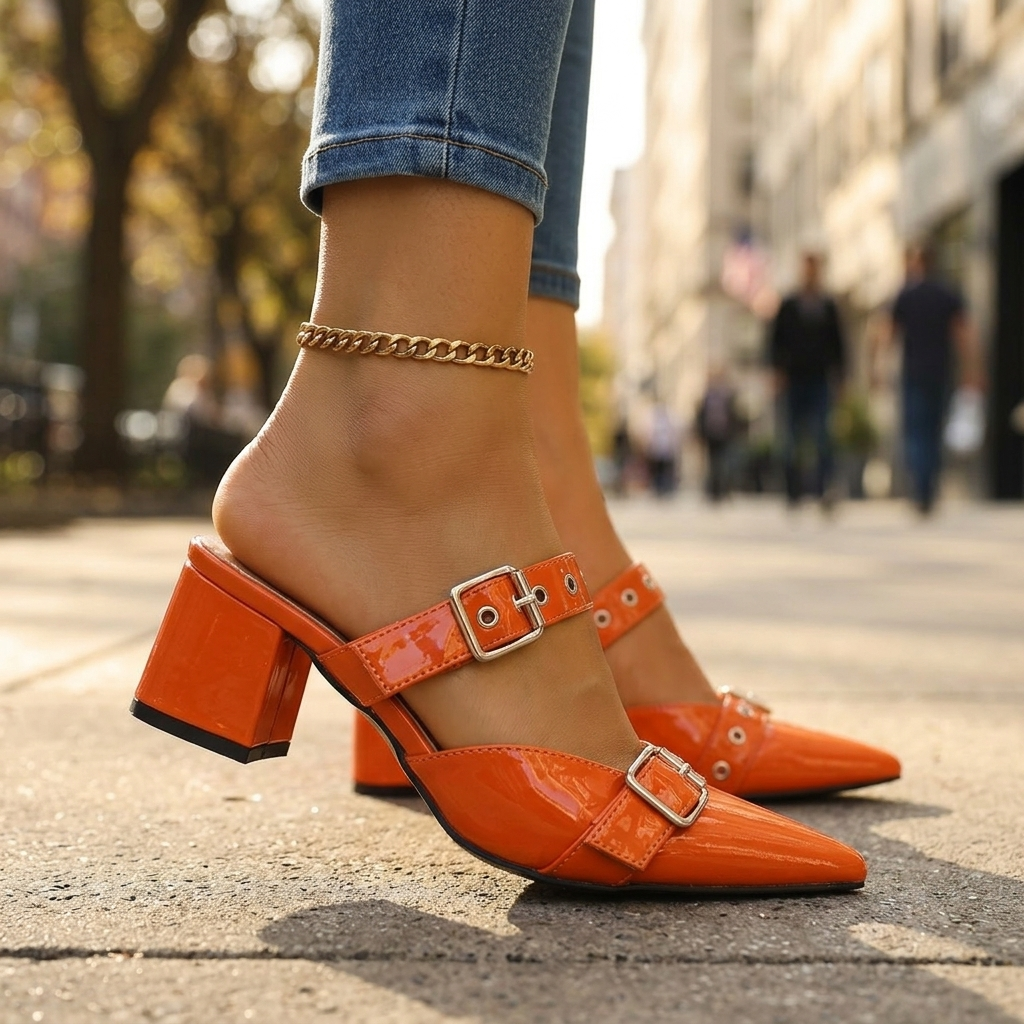 Valentina Double-Buckle Block Heels