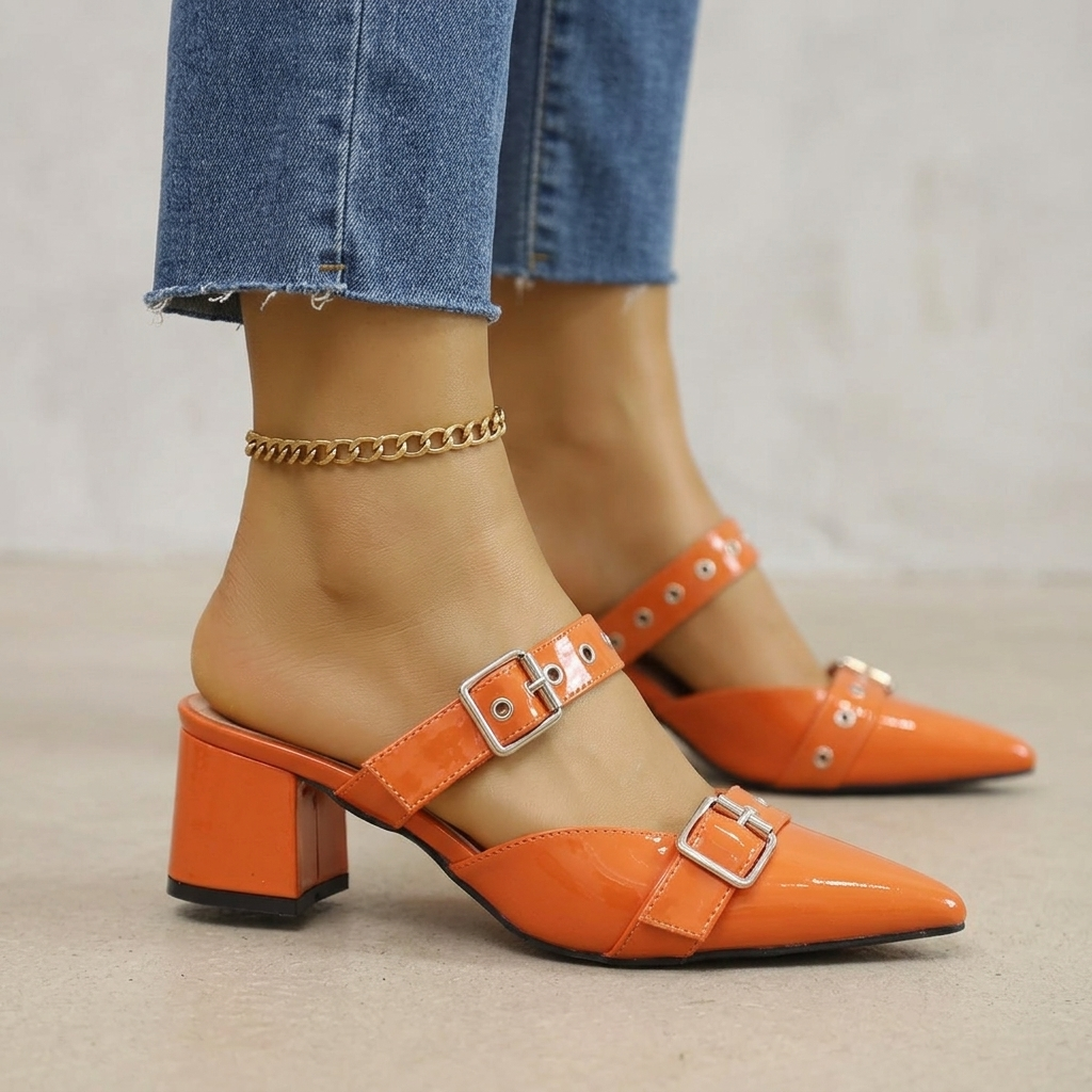 Valentina Double-Buckle Block Heels