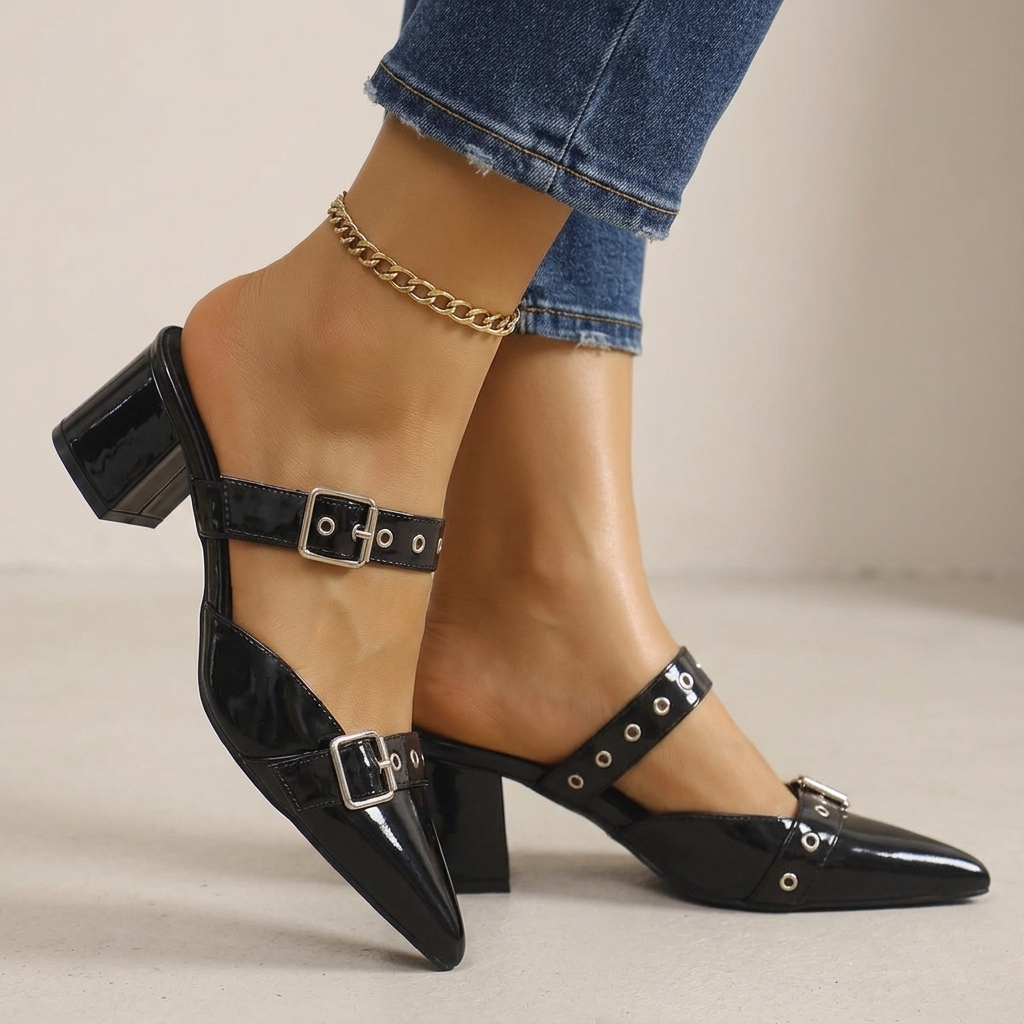 Valentina Double-Buckle Block Heels